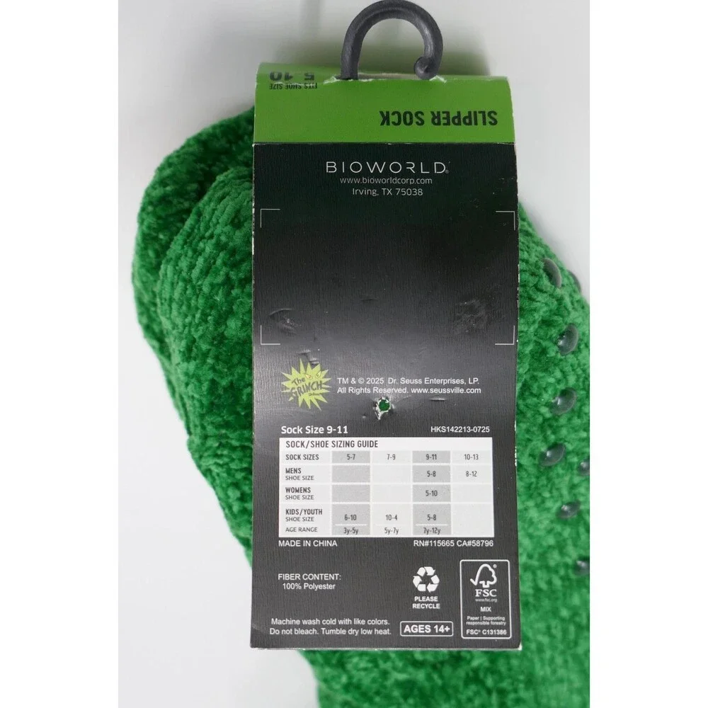 Bioworld Dr Seuss The Grinch Slipper Socks 3D Green Fuzzy Non-Slip Size 5-10 NEW